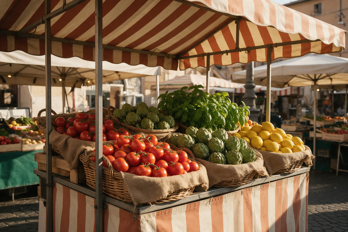 Italian market stall overflowing with tomatoes, artichokes and lemons