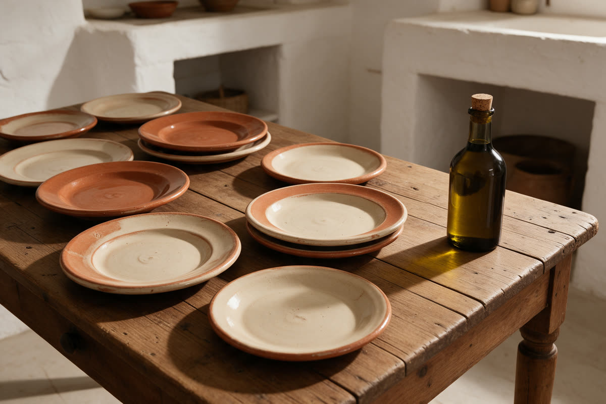 Handmade Italian ceramic plates and a bottle of olive oil on a wooden table