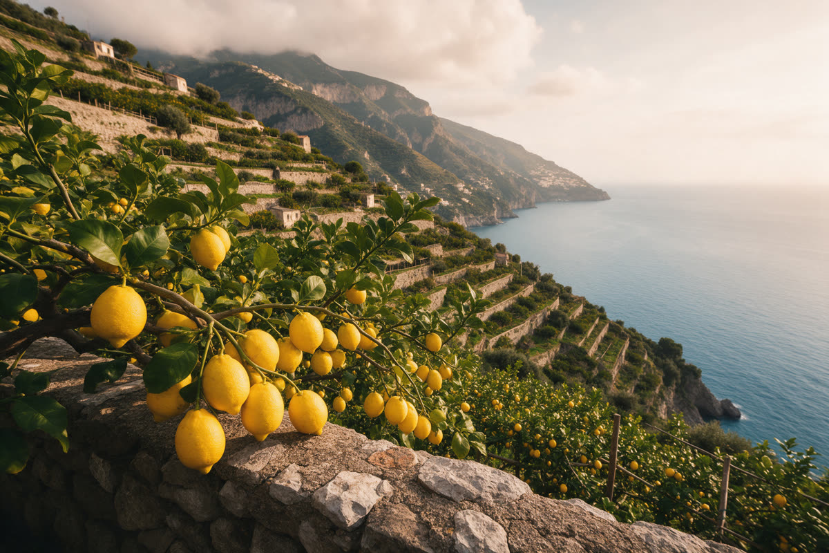 Terraced lemon grove on the Amalfi coast above the sea